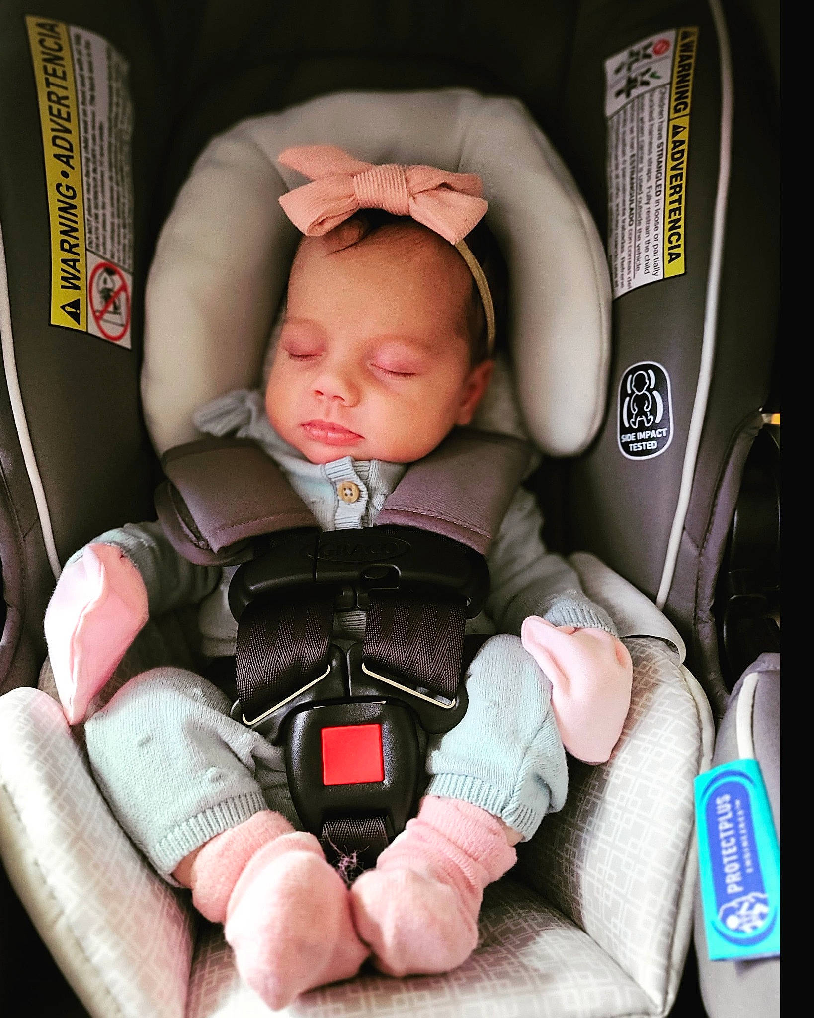 Winter is registered to the contest to win money with this photo: auto_part, automotive_design, baby, baby_carriage, baby_in_car_seat, baby_products, car_seat, car_seat_cover, carmine, chair, child, comfort, head_restraint, material_property, nail, person, product, seat_belt, sitting, toddler