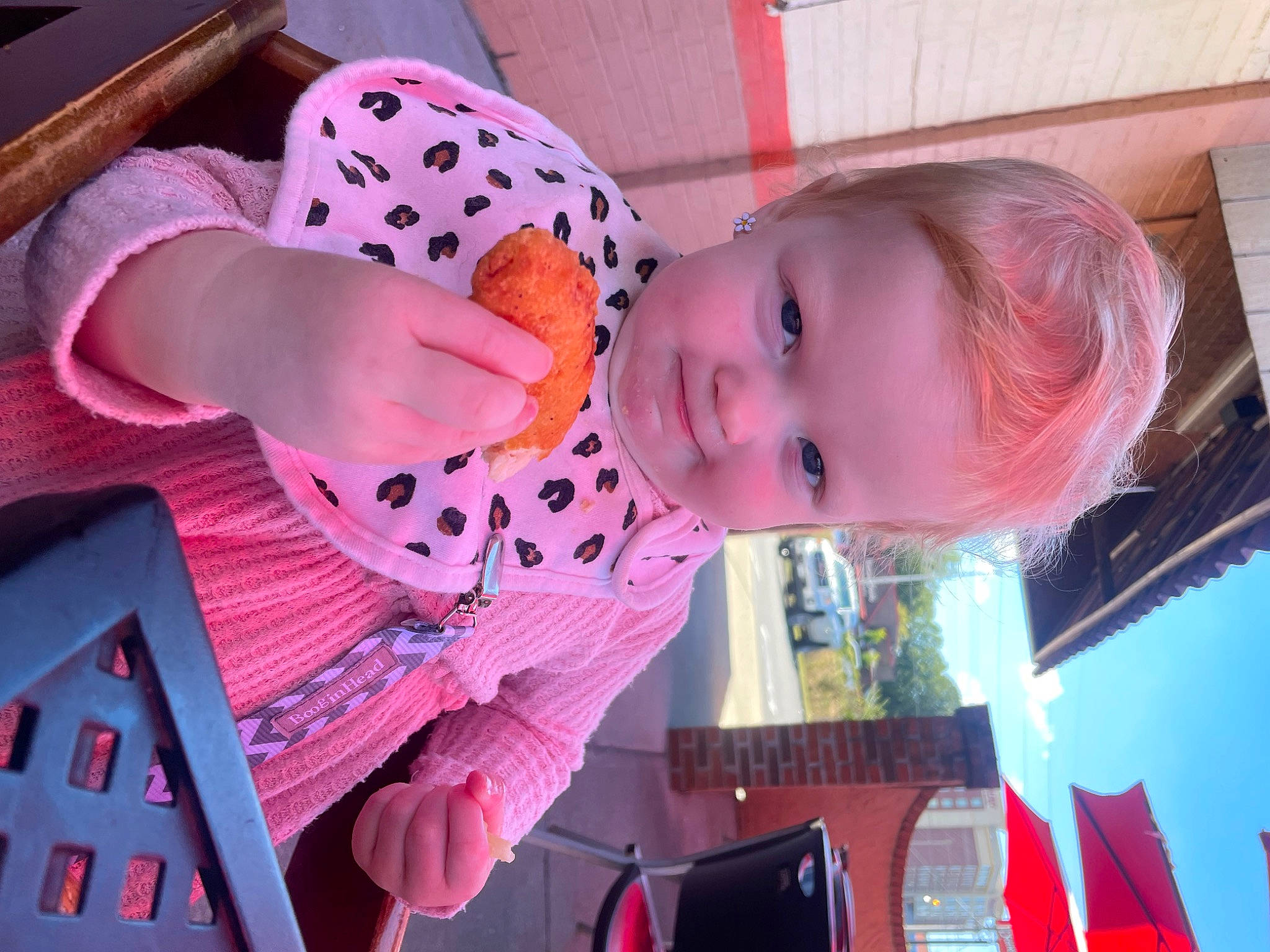 Alayna joined the competition — help win amazing prizes! baby, baby_toddler_clothing, child, facial_expression, food, fun, happy, hat, magenta, pattern, person, pink, red, room, sitting, smile, toddler, vacation, window