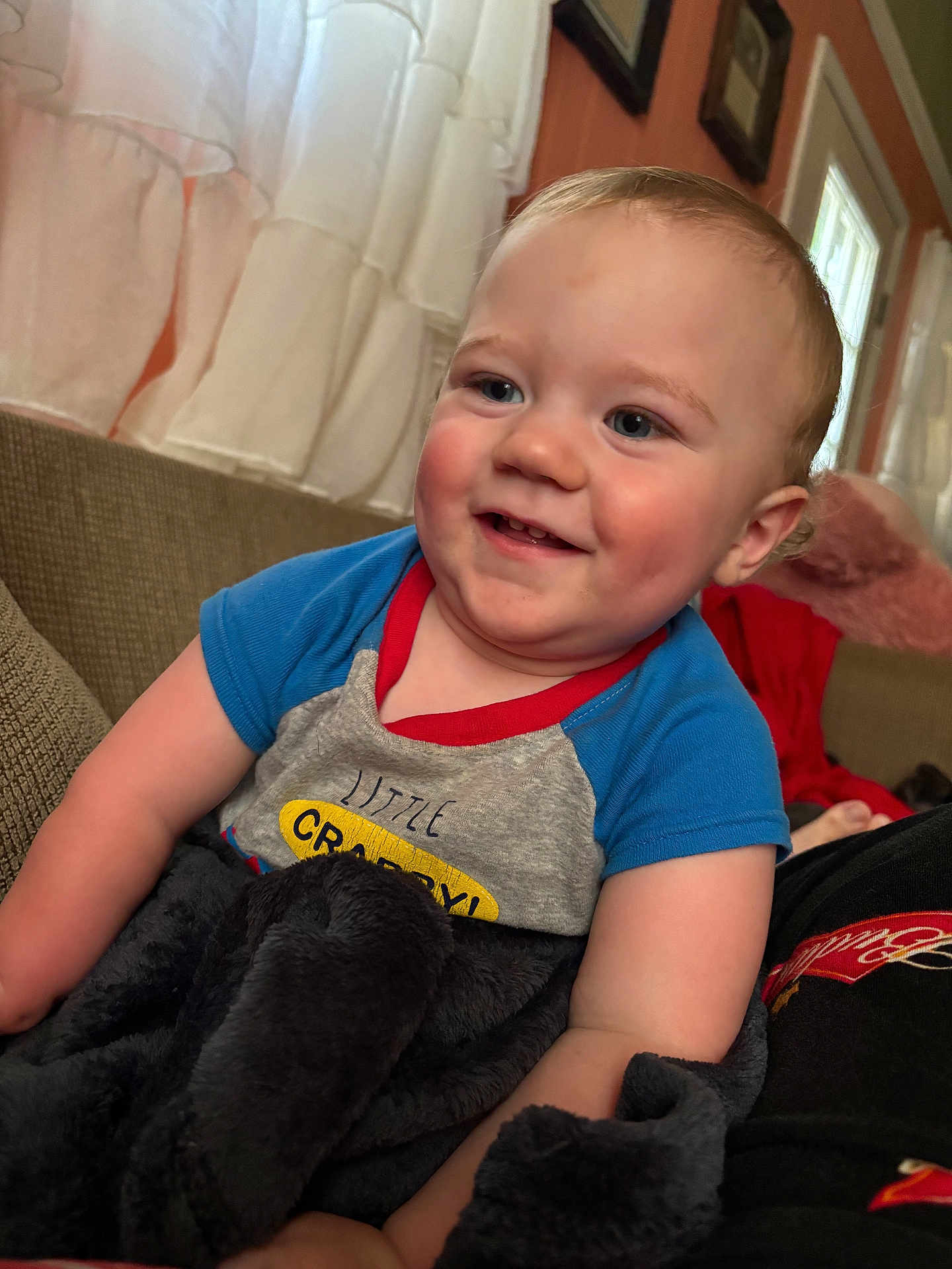 Noah is registered to the contest to win money with this photo: toddler, child, smile, blanket, couch, indoors, curtain, window, face, blue_shirt, happy, skin, person, sitting, cozy, home, red_detail, soft_light, hair, cheeks