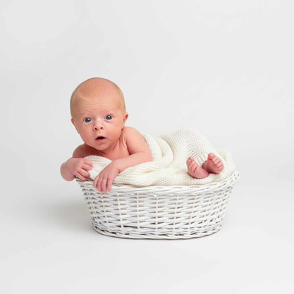 Makenzie joined the competition — help win amazing prizes! baby, newborn, infant, basket, blanket, white_background, studio_photo, portrait, cute, surprised_expression, blue_eyes, skin, hand, feet, toes, knit_blanket, wicker, cozy, minimalist, photography