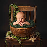 Makenzie is registered to the contest to win money with this photo: baby, newborn, infant, child, wooden_bowl, chair, green_blanket, succulent, leaf, decor, studio_portrait, portrait, hands, face, expression, soft_lighting, brown_wood, vintage_prop, plant_trail, cozy