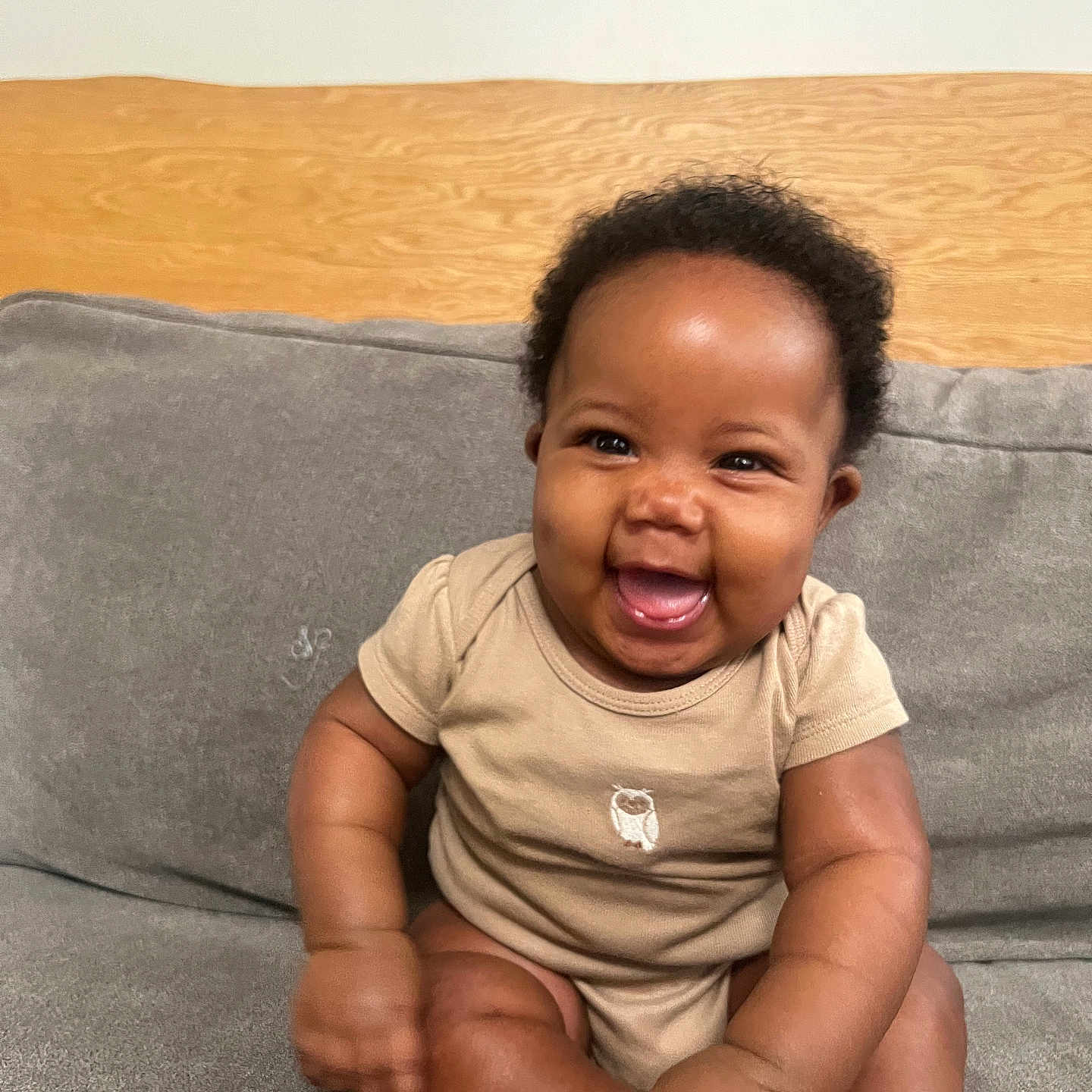 Eternal is registered to the contest to win money with this photo: baby, child, couch, cozy, cute, face, foot, furniture, gray_couch, hand, happy, indoor, infant, onesie, portrait, sitting, skin, smiling, wood, young_child