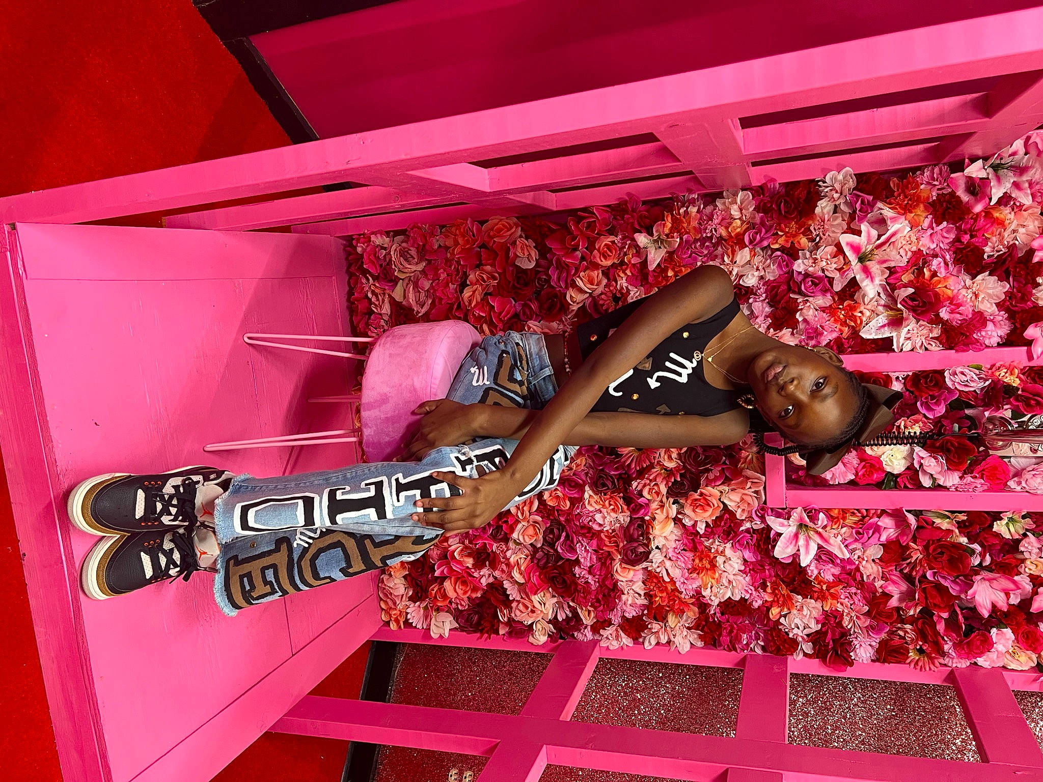 Justyce joined the competition — help win amazing prizes! carmine, decoration, event, fashion_accessory, flesh, human_leg, magenta, material_property, pattern, peach, person, pink, plant, red, room, thigh, toy