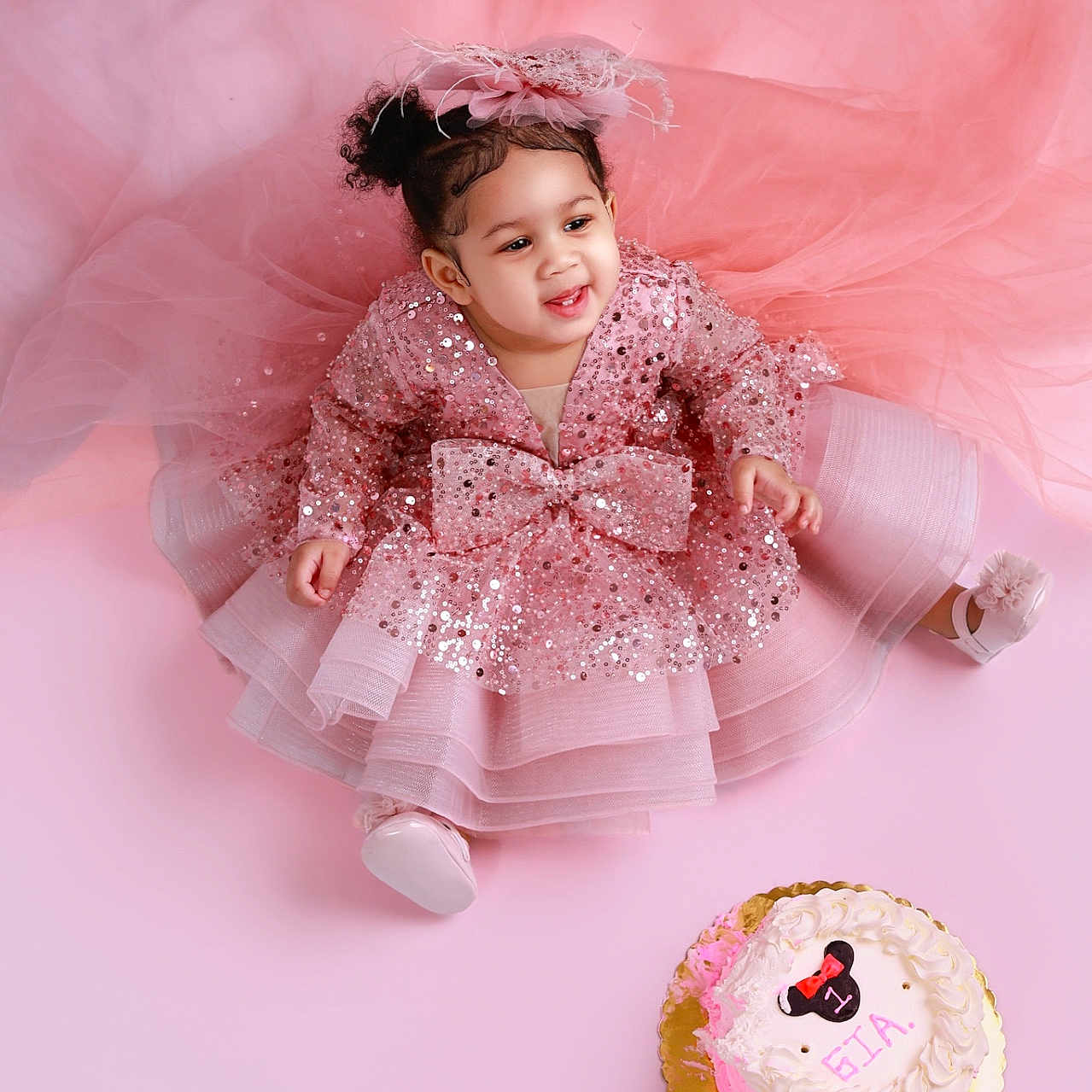 Giafripp joined the competition — help win amazing prizes! toddler, child, pink_dress, sparkles, headpiece, birthday_cake, cake, pink_background, celebration, smiling, sitting, cute, party, dress, footwear, portrait, happy, indoor, fashion, event