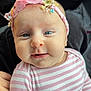 baby, infant, headband, pink, striped_clothing, blue_eyes, face, smile, person, child, cute, portrait, hand, soft_light, indoors, clothing, apparel, skin, newborn, adorable