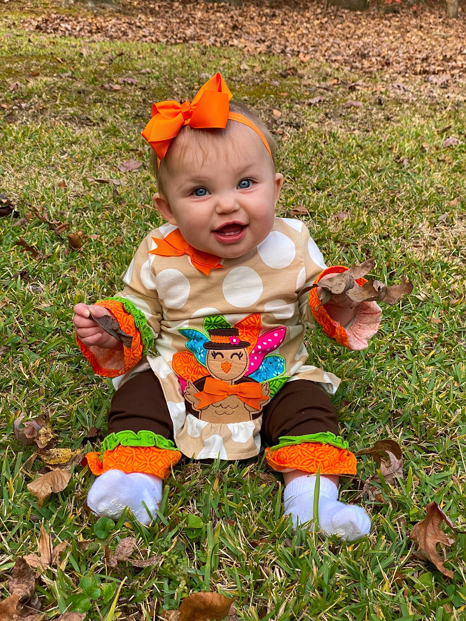 Mckinley joined the competition — help win amazing prizes! autumn, baby, child, grass, leaf, orange, person, play, toddler