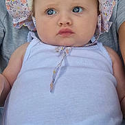 Paola a rejoint le concours — aidez-le/la à gagner de superbes lots ! baby, child, infant, face, hat, floral, white_tank_top, blue_eyes, expression, portrait, skin, cute, sitting, clothing, person, summer, outdoor, closeup, headwear, casual