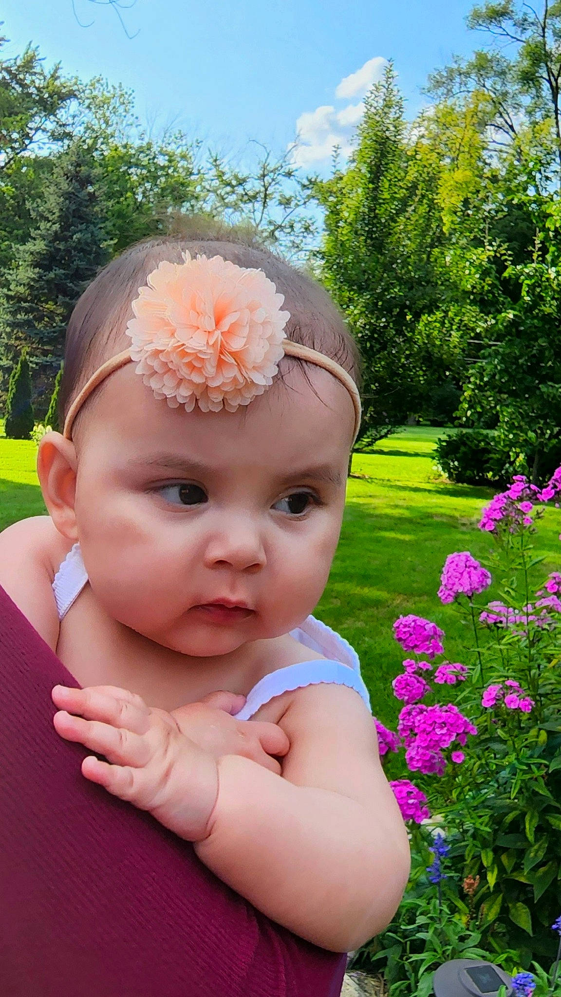 Natalia is registered to the contest to win money with this photo: baby, baby_toddler_clothing, dress, flower, grass, green, happy, headband, headgear, headpiece, headwear, jewellery, person, petal, pink, plant, skin, sky, summer, sunlight