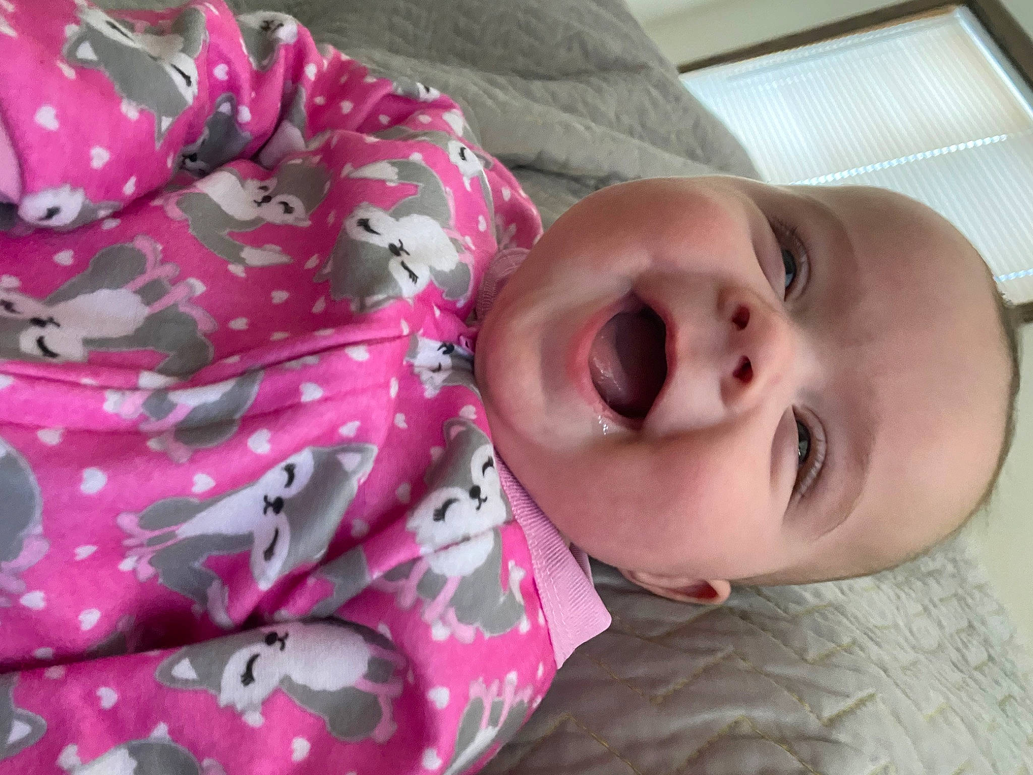 Natalie is registered to the contest to win money with this photo: baby, baby_toddler_clothing, cheek, comfort, eye, face, facial_expression, head, iris, lip, mouth, nose, person, pink, product, skin, sleeve, smile, textile, toddler