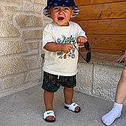 Kingsley a rejoint le concours — aidez-le/la à gagner de superbes lots ! toddler, child, smiling, hat, bucket_hat, shorts, sandals, sunglasses, stone_wall, wood_panel, outdoor, standing, happy, summer, casual_clothing, footwear, person, cute, daylight, playful