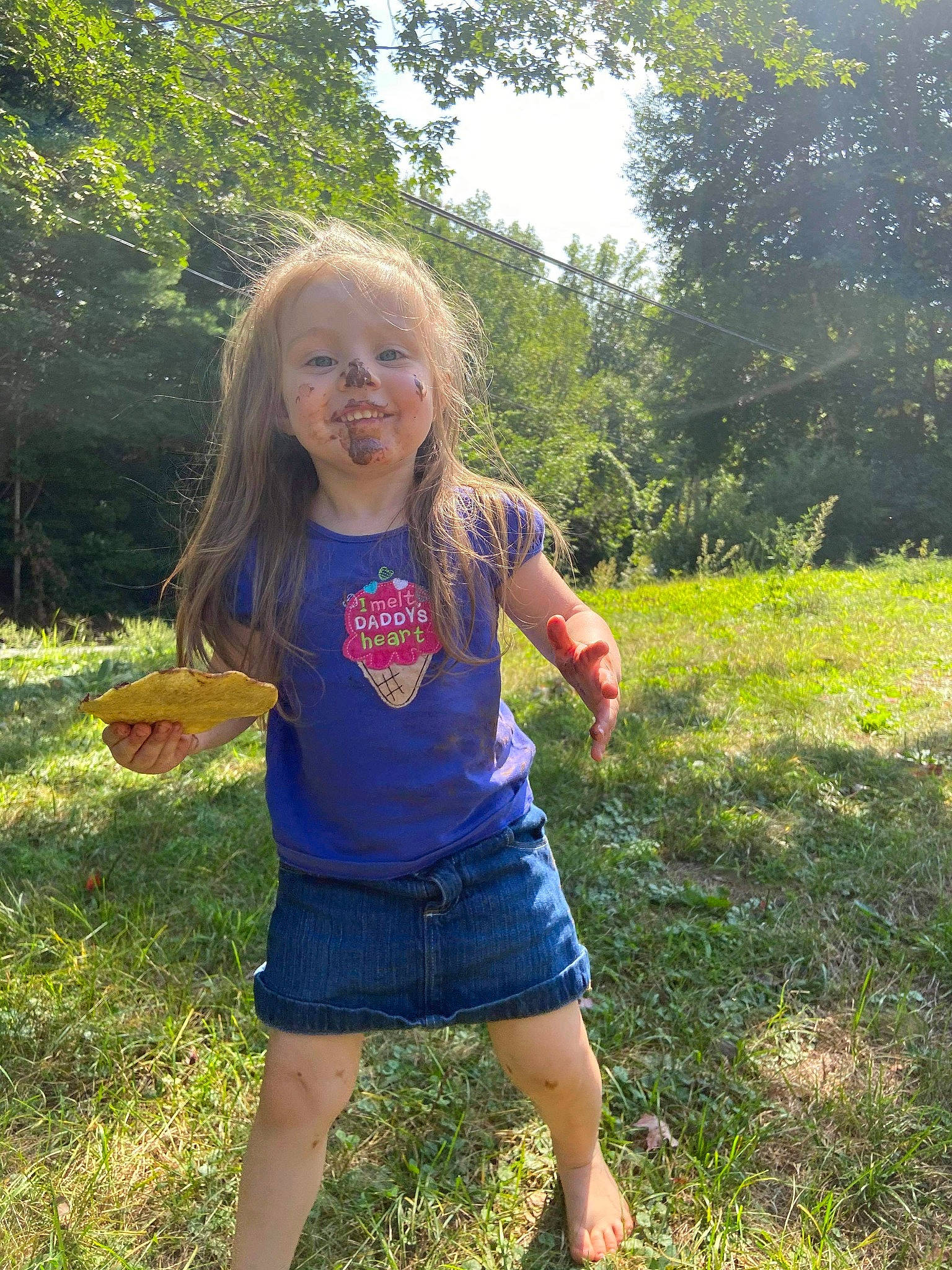 Evangeline joined the competition — help win amazing prizes! blond, botany, electric_blue, fun, grass, grassland, hair, happy, joy, lawn, leisure, meadow, people_in_nature, person, plant, smile, sunlight, t_shirt, toddler, tree