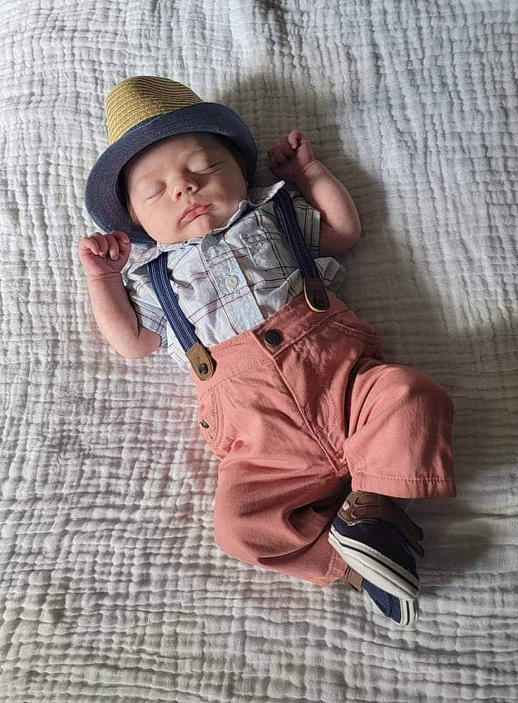 Jace is registered to the contest to win money with this photo: baby, baby_toddler_clothing, cap, comfort, eye, fedora, fun, happy, hat, headgear, headwear, human_body, human_leg, pattern, person, sitting, skin, sleeve, sun_hat, textile