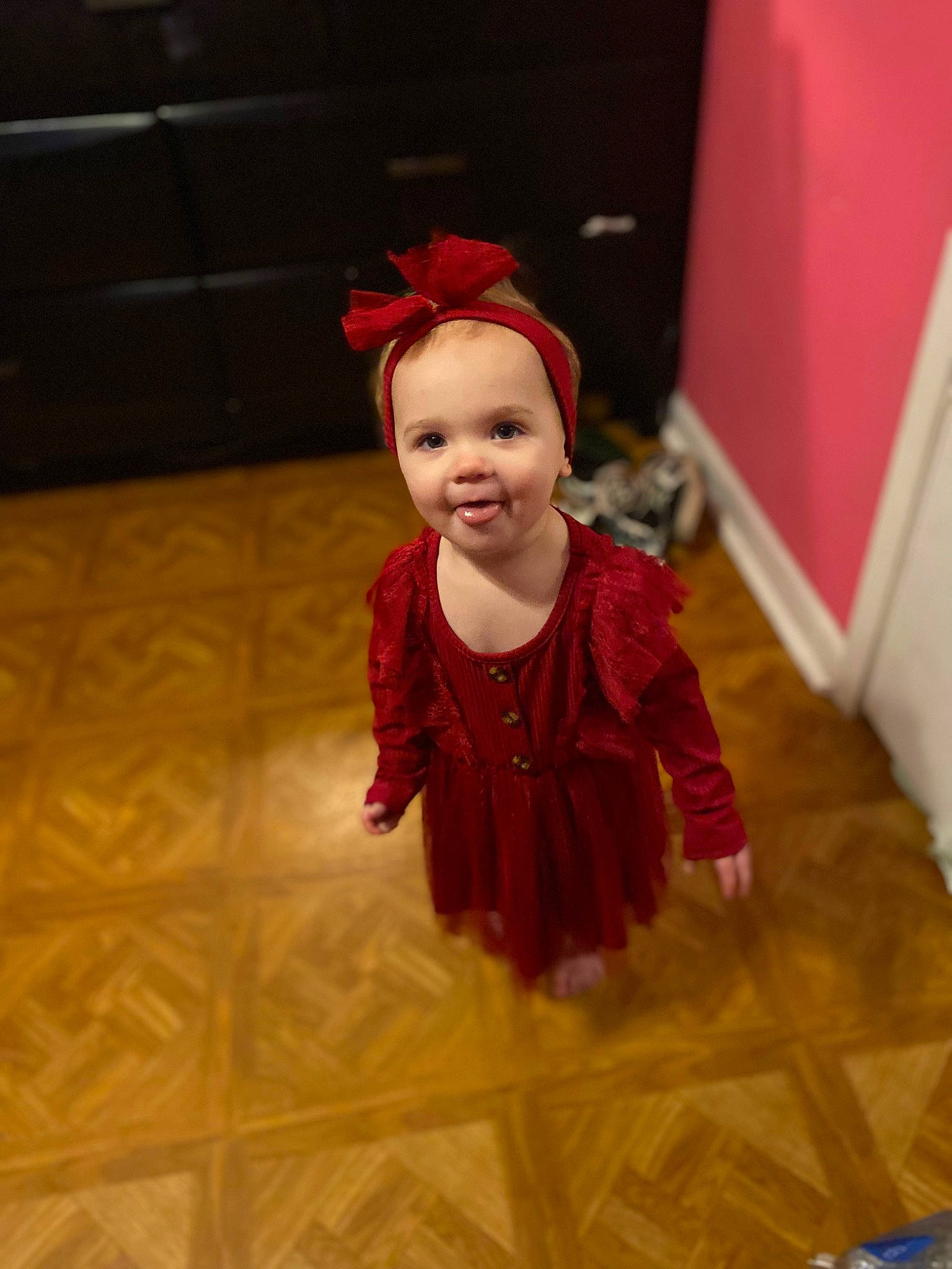 Rosabella joined the competition — help win amazing prizes! baby, baby_toddler_clothing, carmine, child, costume_hat, door, entertainment, event, floor, flooring, fun, happy, hardwood, human_body, joy, magenta, person, purple, smile, toddler