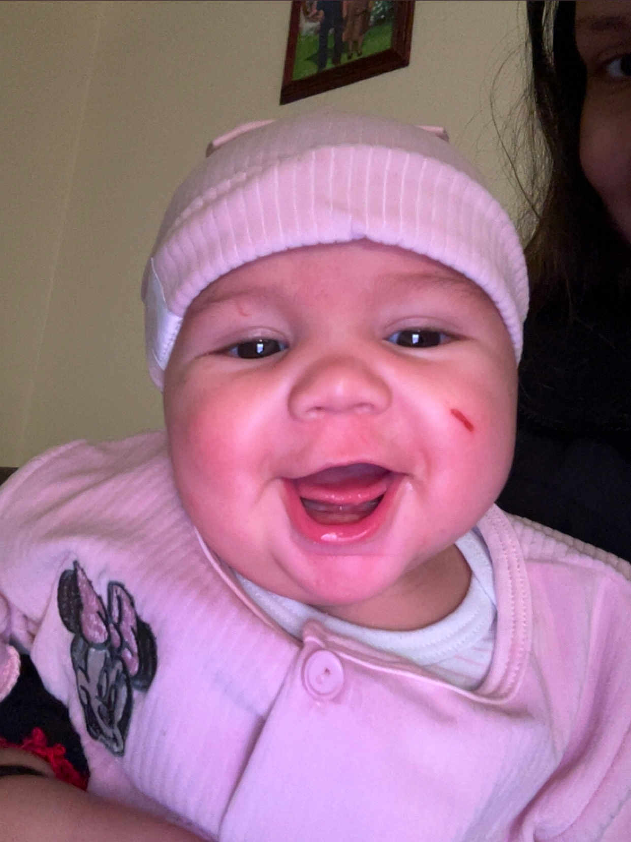 Dayana joined the competition — help win amazing prizes! baby, child, infant, smiling, pink_clothing, hat, face, cheek, tooth, happy, closeup, person, cute, indoor, apparel, baby_girl, portrait, headwear, human, skin