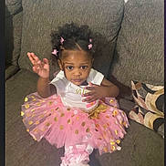 Alysia Span is registered to the contest to win money with this photo: child, couch, curly_hair, cushion, cute, fashion, girl, golden_polka_dots, gray_couch, hair_clips, home, indoor, pink_tutu, playful_pose, portrait, sitting, toddler, white_shirt, white_shoes, young_child