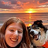woman, dog, beach, sunset, ocean, smiling, portrait, sand, outdoor, happy, pet, canine, nature, sky, clouds, water, friendship, leisure, vacation, sun