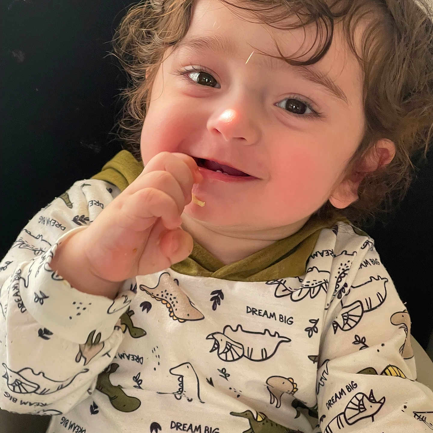 Ayhan Sharifi is registered to the contest to win money with this photo: child, toddler, curly_hair, smiling, portrait, close_up, indoors, seated, dinosaur, pajamas, printed_clothing, green_clothing, white_clothing, hand, finger, cheerful, playful, brown_hair, baby, cozy