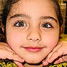 Setayesh Sharifi is registered to the contest to win money with this photo: child, portrait, close_up, smiling, indoors, face, eyes, hair, hands, chin, blue_dress, gold_trim, embroidered_clothing, formal_wear, royal_style, long_hair, headshot, warm_lighting, phone_interface, photography