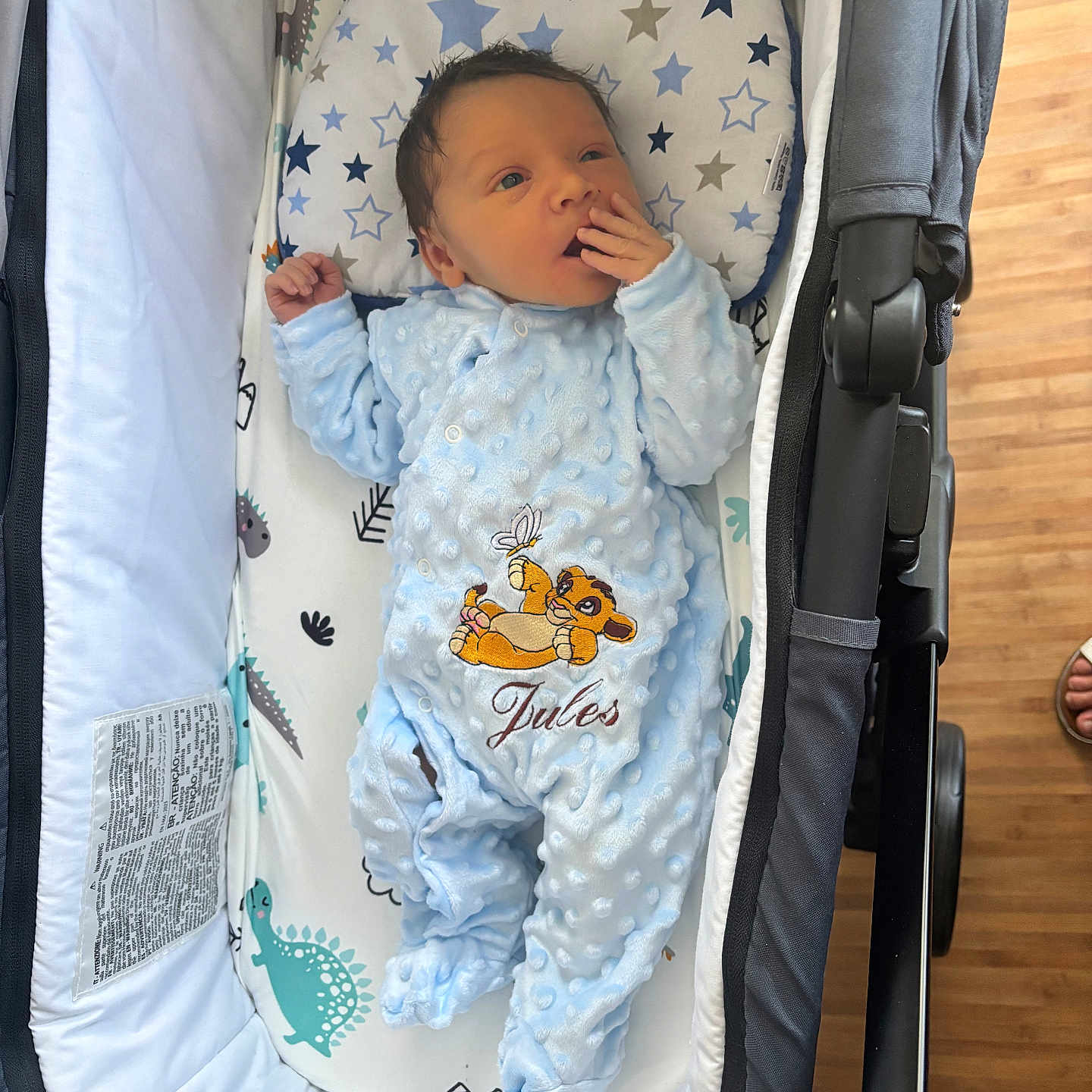 Jules a rejoint le concours — aidez-le/la à gagner de superbes lots ! baby, baby_carrier, blue_clothing, child, cozy, cushion, cute, dinosaur_print, hand_near_mouth, indoor, infant, newborn, onesie, portrait, relaxing, simba_embroidery, sleepwear, star_print, stroller, wooden_floor