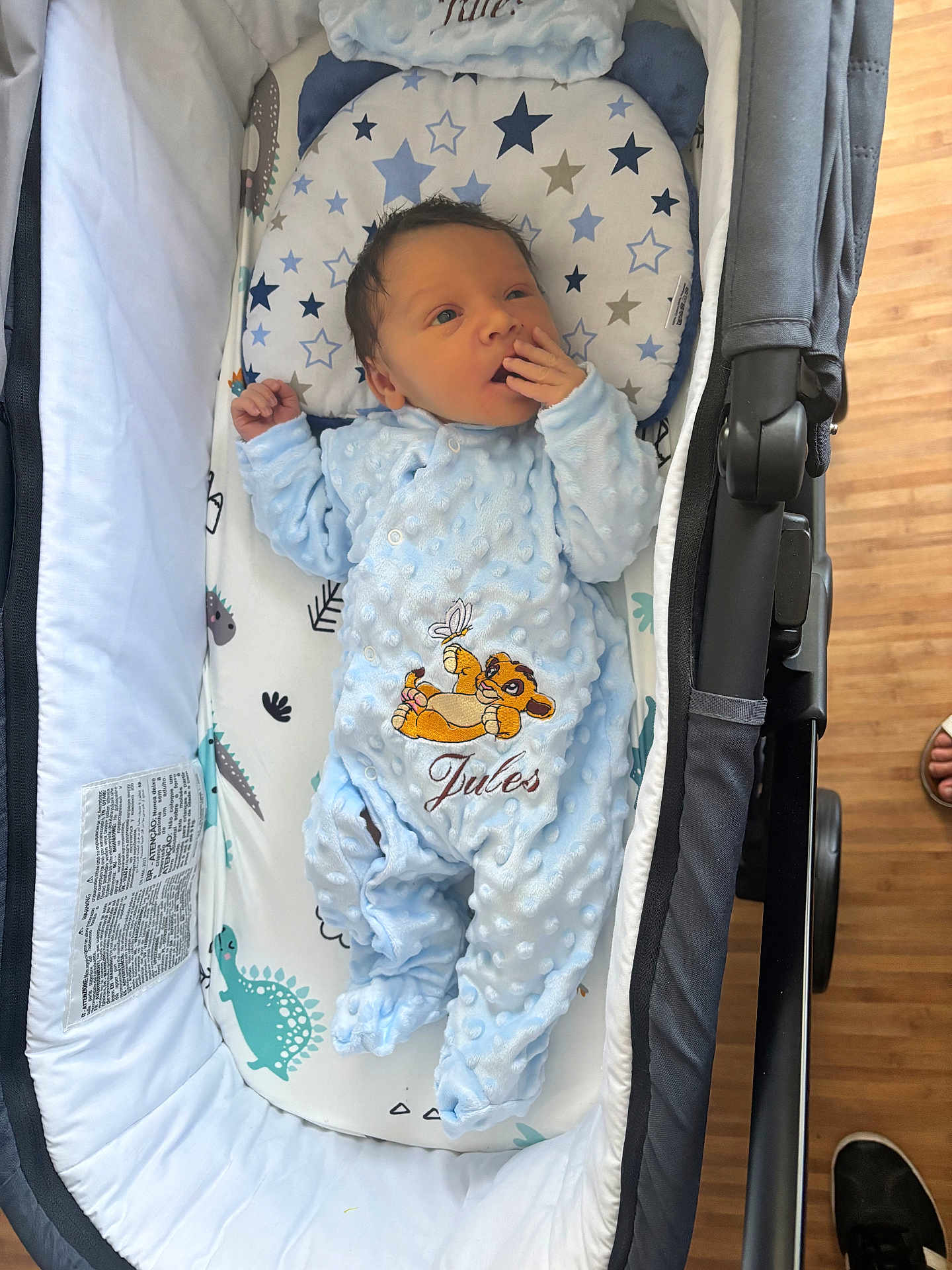 Jules a rejoint le concours — aidez-le/la à gagner de superbes lots ! baby, newborn, onesie, blue_clothing, baby_carrier, cushion, simba_embroidery, hand_near_mouth, wooden_floor, stroller, dinosaur_print, star_print, infant, cute, sleepwear, indoor, portrait, cozy, child, relaxing