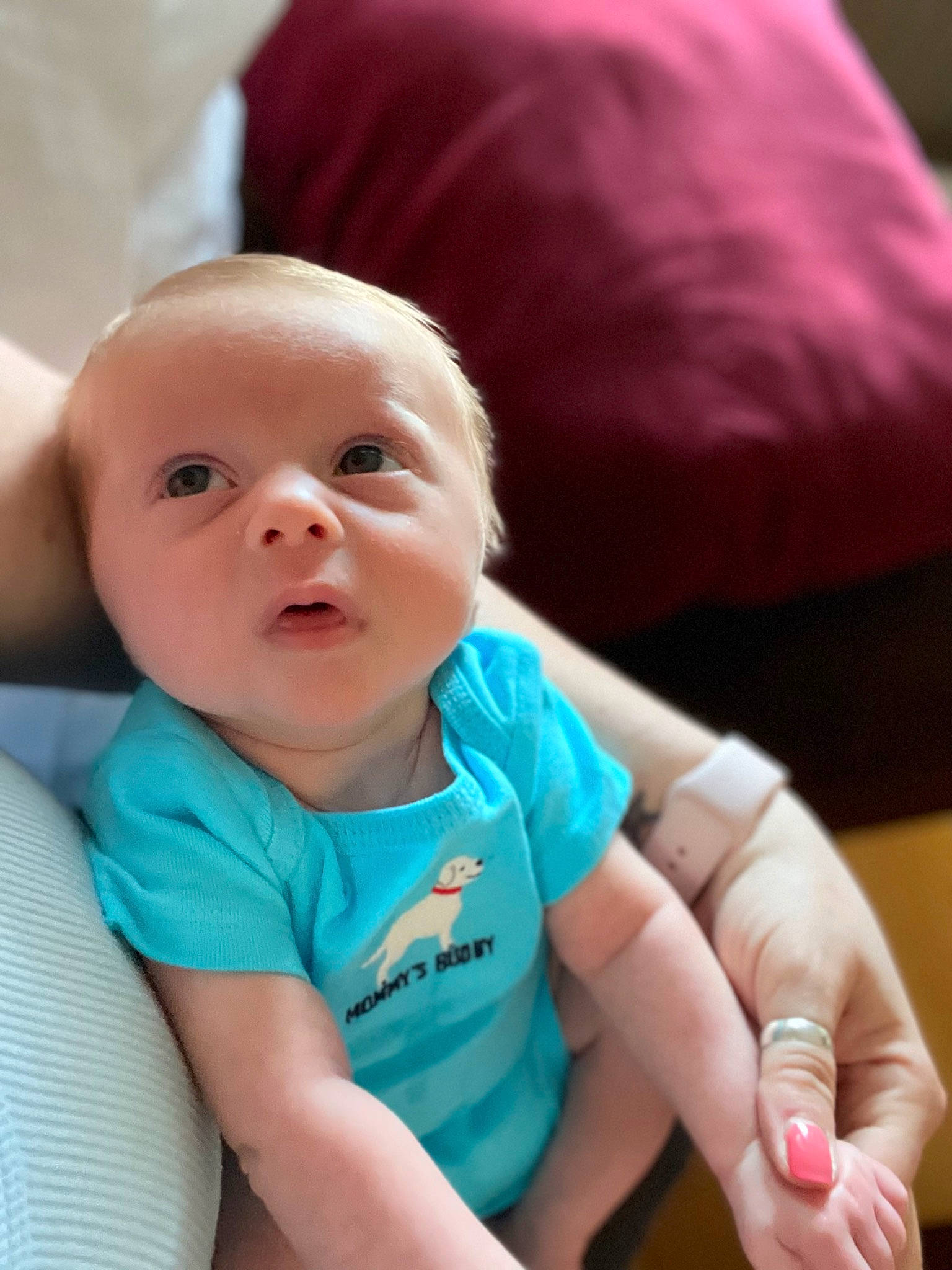 Darren is registered to the contest to win money with this photo: baby, baby_products, baby_toddler_clothing, cheek, child, chin, comfort, eye, eyebrow, finger, gesture, iris, linens, nail, person, pink, room, skin, textile, thumb