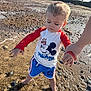 toddler, child, beach, water, barefoot, holding_hand, mickey_mouse, shirt, shorts, sunny, sky, rocks, shoreline, outdoor, summer, person, clothing, sand, waves, nature
