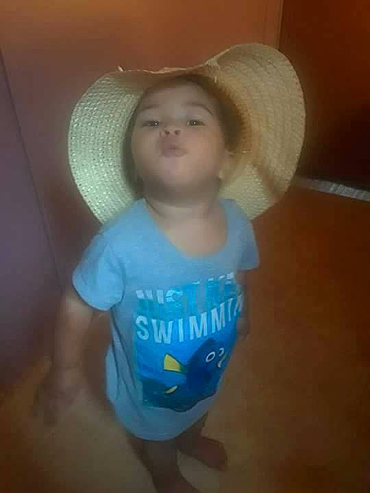 Ma'Liyah joined the competition — help win amazing prizes! blue, cheek, child, cool, ear, finger, fun, girl, hat, head, headgear, human_hair_color, infant, iris, mouth, person, product, smile, toddler