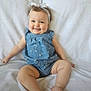 Brooklynn is registered to the contest to win money with this photo: baby, child, smiling, blue_outfit, headband, sitting, blanket, cute, happy, portrait, skin, face, legs, feet, indoor, soft, clothing, infant, young_child, adorable