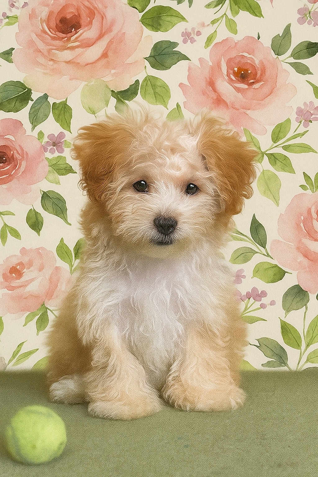 Zuri is registered to the contest to win money with this photo: puppy, dog, fluffy, curly_fur, sitting, tennis_ball, green_ball, indoor, wallpaper, floral_pattern, pink_roses, adorable, cute, pet, portrait, animal, young_dog, fur, eyes, nose