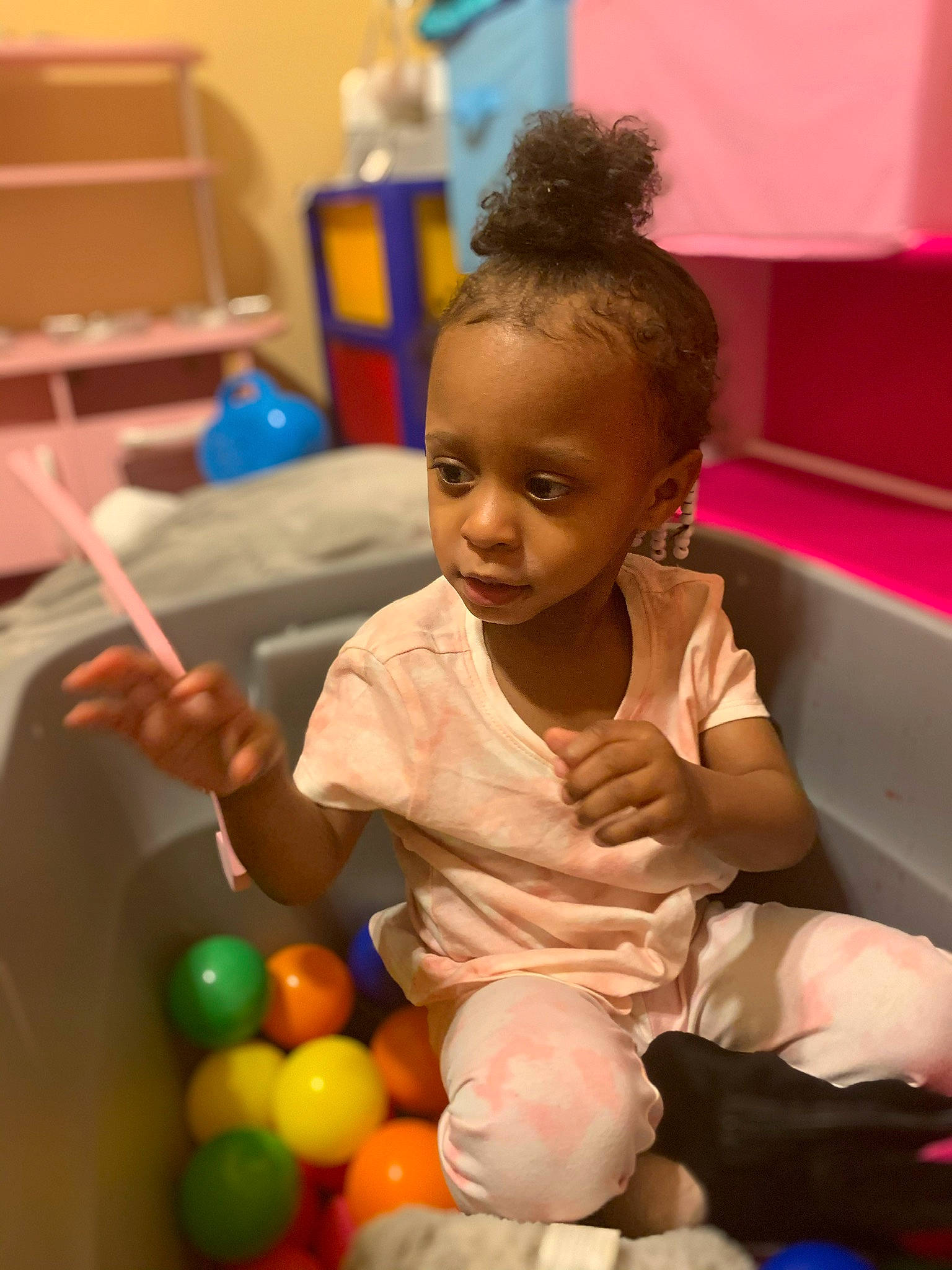 Skai Marie joined the competition — help win amazing prizes! baby, baby_grabbing_for_something, baby_playing_with_toys, baby_products, baby_toddler_clothing, baby_toys, ball_pit, child, finger, party_supply, person, pink, plastic, play, toddler
