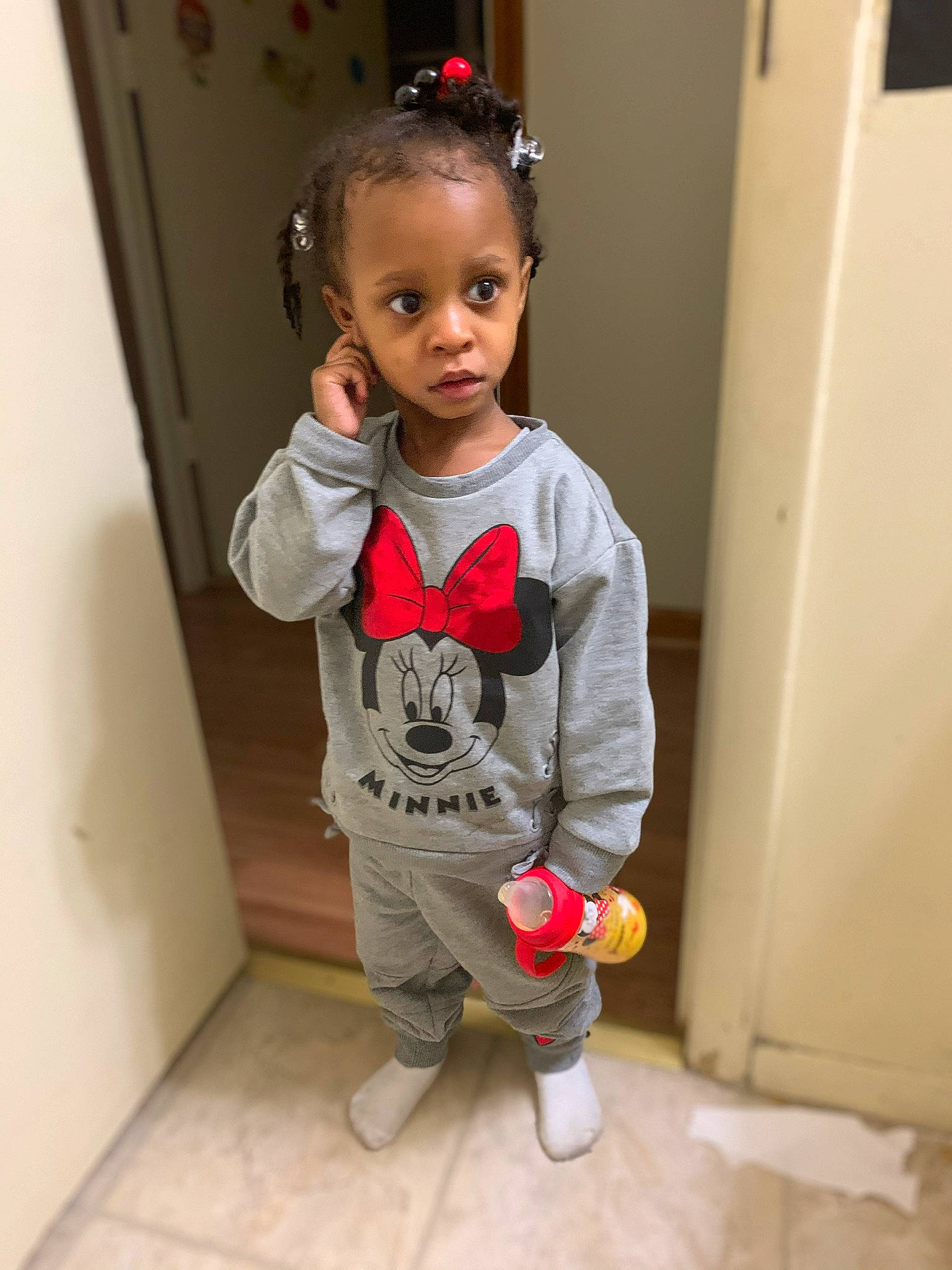 Skai Marie joined the competition — help win amazing prizes! baby, baby_toddler_clothing, cheek, child, fashion_accessory, floor, hair_accessory, headband, headpiece, mouth, person, shoe, sneakers, sock, standing, toddler, walking_shoe