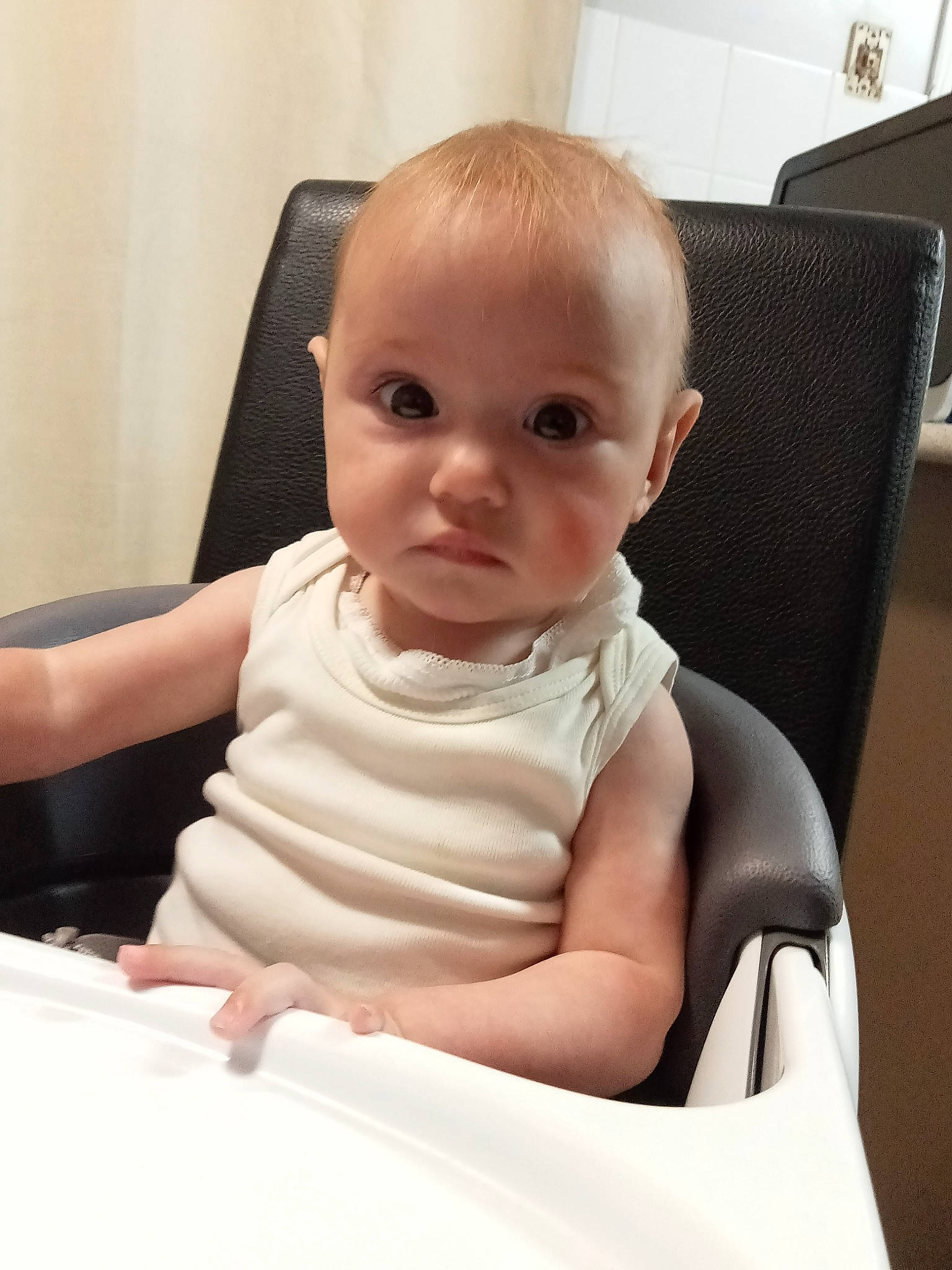 Ava-rose is registered to the contest to win money with this photo: baby, baby_products, baby_toddler_clothing, chair, cheek, chest, child, comfort, elbow, eyebrow, fun, happy, iris, nail, person, room, sitting, skin, sleeve, thumb