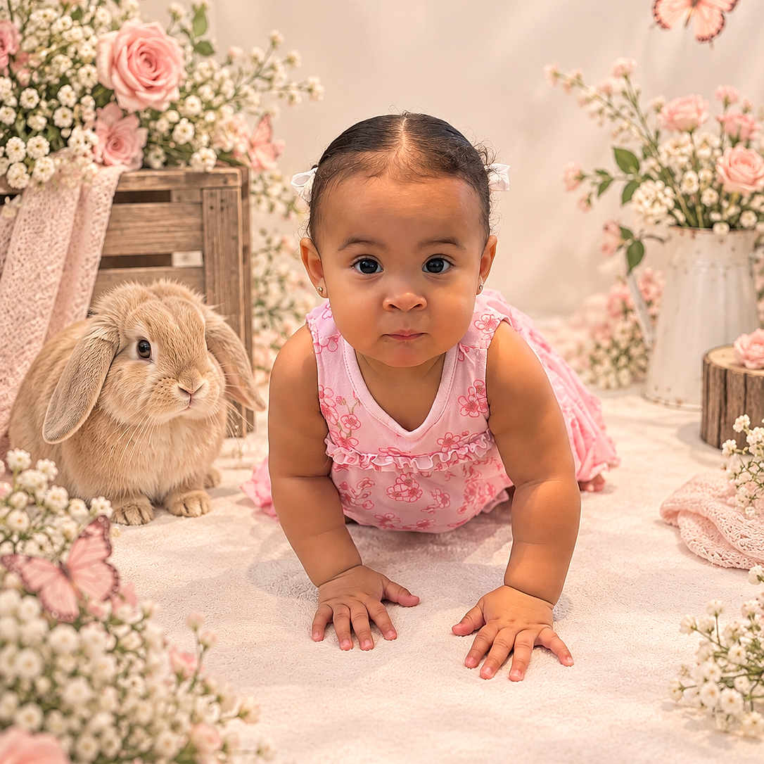 Alma joined the competition — help win amazing prizes! baby, child, toddler, crawling, pink_dress, bunny, rabbit, flowers, roses, butterflies, pastel, portrait, studio_setup, floral_background, indoor, cute, adorable, smiling, sitting, soft_lighting