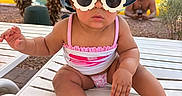 Alma joined the competition — help win amazing prizes! baby, child, cute, denim_hat, fashion, infant, lounge_chair, outdoor, palm_trees, pink, poolside, portrait, seated, summer, sun_hat, sunglasses, sunlight, swimsuit, tropical, vacation