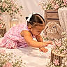 Alma joined the competition — help win amazing prizes! child, toddler, baby, girl, portrait, pink_dress, flower_dress, hair_bow, butterfly, rabbit, bunny, flowers, floral, garden, storybook, pastel, indoor, soft_lighting, crawling, nature