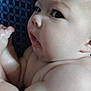 baby, child, skin, face, cheeks, arm, foot, hand, expression, curious, infant, closeup, portrait, naked, background, blue, pattern, soft, cute, young