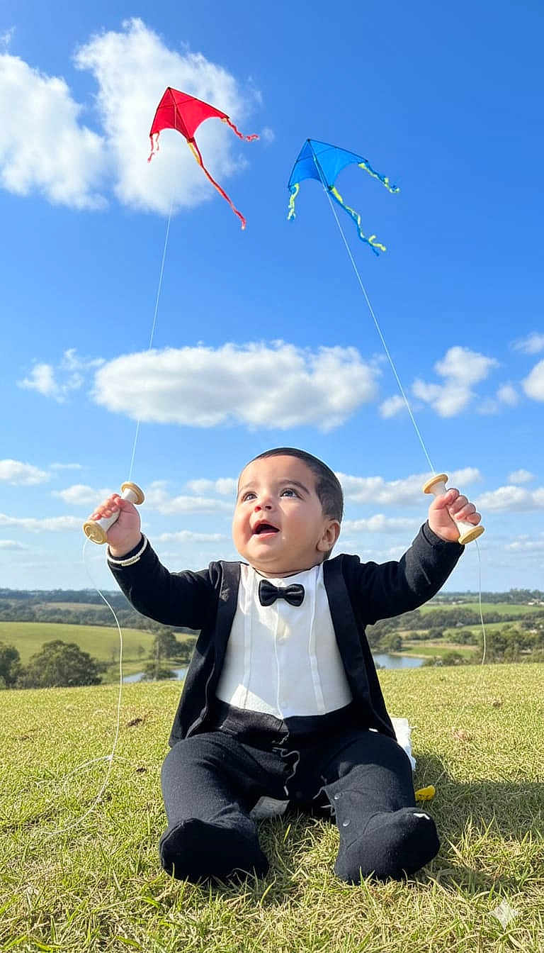Syed Masoom is registered to the contest to win money with this photo: baby, tuxedo, grass, kite, red_kite, blue_kite, sky, clouds, outdoor, child, happy, smiling, playing, nature, field, sitting, hands_up, toy, daytime, cute