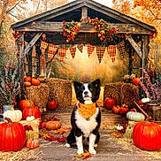 Sadie is registered to the contest to win money with this photo: autumn, border_collie, dog, fall_decoration, fall_foliage, farmhouse_style, festive, hay_bale, leaf_litter, nature, orange_bandana, outdoor, pet, plaid_bunting, pumpkin, rustic, seasonal_decor, string_lights, vintage_watering_can, wooden_gazebo