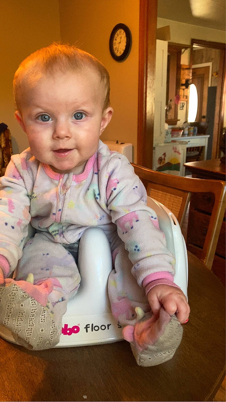Aubree joined the competition — help win amazing prizes! baby, baby_toddler_clothing, cabinetry, cheek, child, clock, comfort, finger, flooring, fun, mirror, mouth, nose, person, picture_frame, pink, sitting, skin, sleeve, toddler