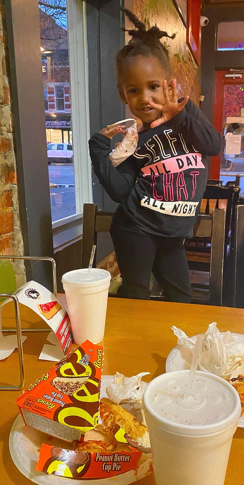 Kenna joined the competition — help win amazing prizes! breakfast, chair, comfort_food, cooking, cuisine, dish, drink, drinkware, fast_food, food, ingredient, junk_food, person, plate, serveware, soft_drink, sweetness, table, tableware, toddler