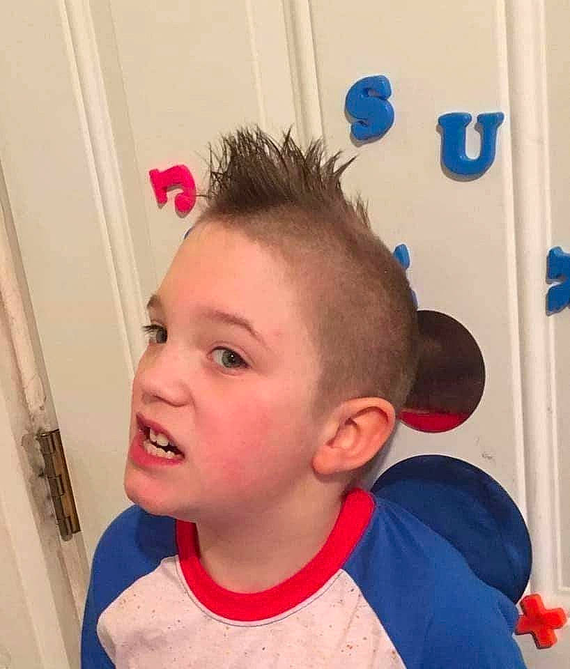 Alexander Or Xander is registered to the contest to win money with this photo: blue, buzz_cut, caesar_cut, cheek, child, ear, electric_blue, eye, eyebrow, eyelash, forehead, fun, hairstyle, happy, jaw, mohawk_hairstyle, nose, person, personal_grooming, t_shirt