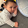 Huraira Muhammad joined the competition — help win amazing prizes! baby, child, infant, face, couch, plush_toys, striped_shirt, hand, curious, indoors, soft_lighting, portrait, closeup, young_child, lying_down, cozy, expression, casual_clothing, home, cute