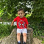 boy, casual_clothing, child, cute, daylight, grass, greenery, happy, leaves, nature, outdoor, park, person, portrait, red_tshirt, shorts, smile, sneakers, spiderman, tree_stump