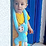 Akim a rejoint le concours — aidez-le/la à gagner de superbes lots ! blue_door, bright_colors, casual_wear, child, curious, doorway, home, indoor, marble_step, monkey_bag, peeking, person, plush_toy, portrait, socks, standing, toddler, toy_accessory, yellow_clothing, young_child