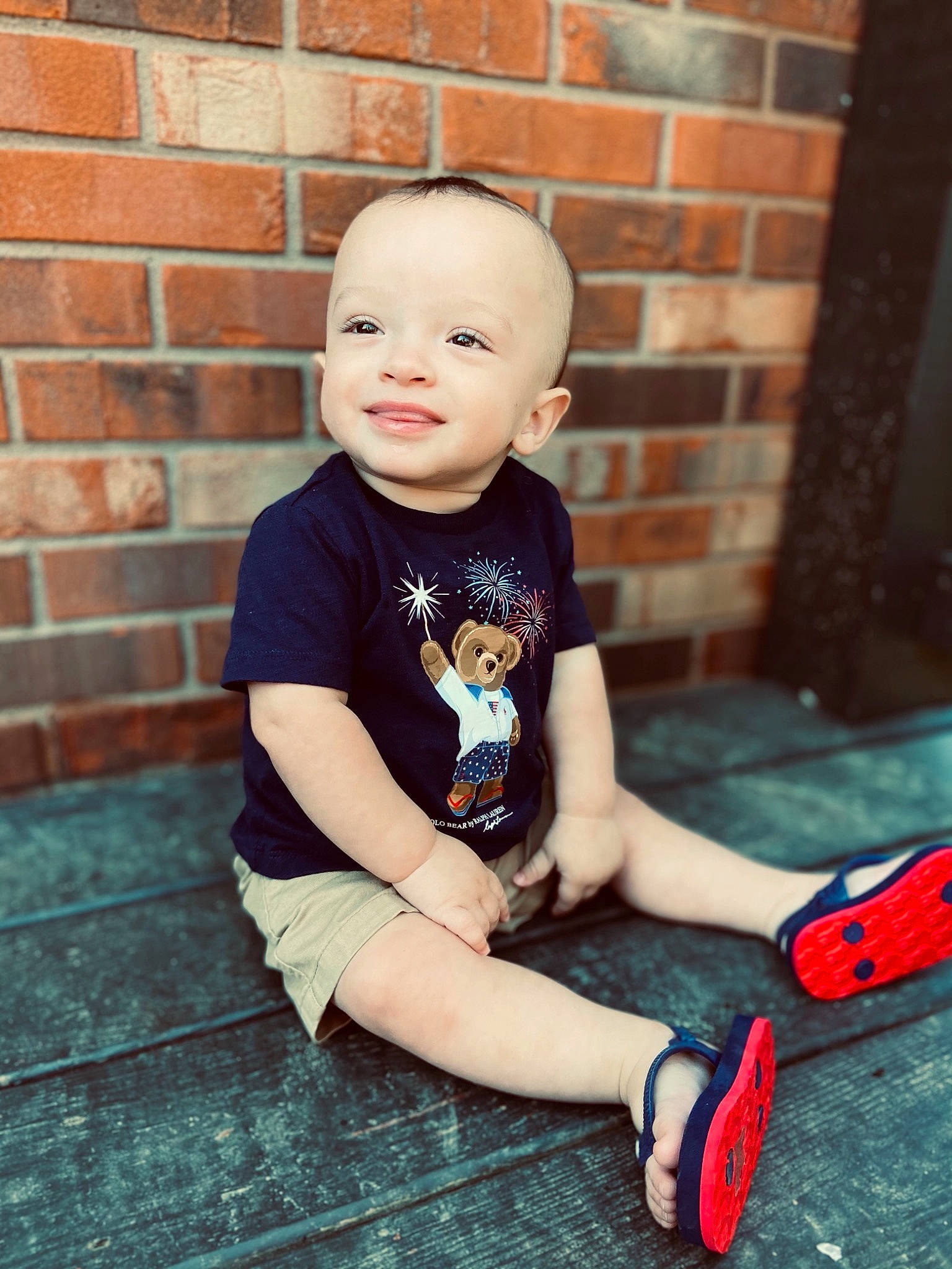 Zayde joined the competition — help win amazing prizes! baby, baby_toddler_clothing, brick, brickwork, child, cool, flash_photography, floor, flooring, happy, human_leg, joint, knee, leg, person, shorts, sleeve, smile, t_shirt, toddler