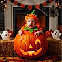 baby, pumpkin, halloween, costume, jack_o_lantern, face, child, holiday, autumn, leaves, fireplace, decorations, ghost, hay_bale, orange, green, floor, cute, smiling, indoors