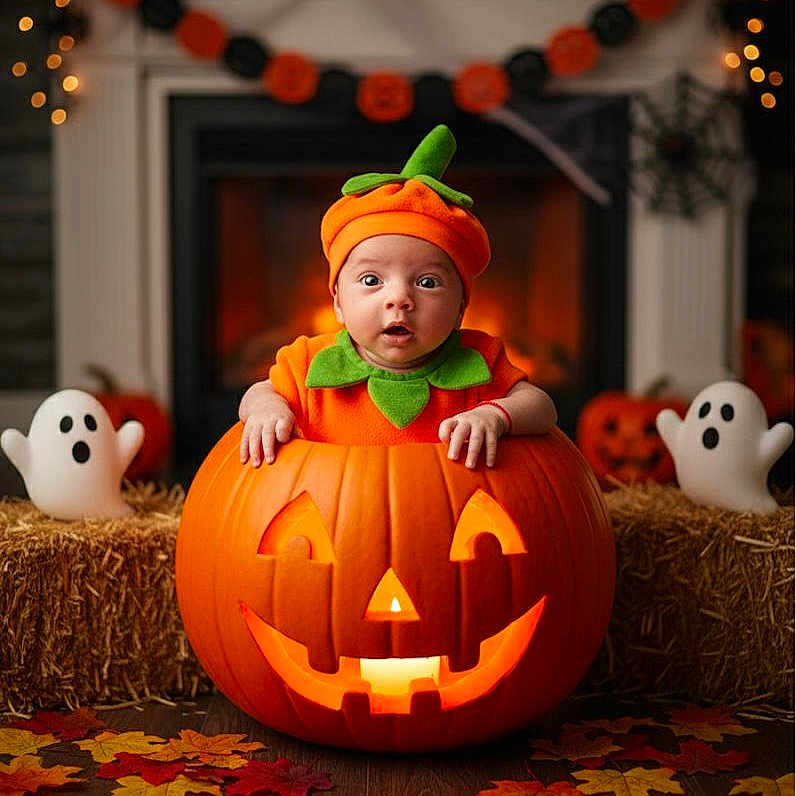 Jayden Reyes is registered to the contest to win money with this photo: autumn, baby, child, costume, cute, decorations, face, fireplace, floor, ghost, green, halloween, hay_bale, holiday, indoors, jack_o_lantern, leaves, orange, pumpkin, smiling