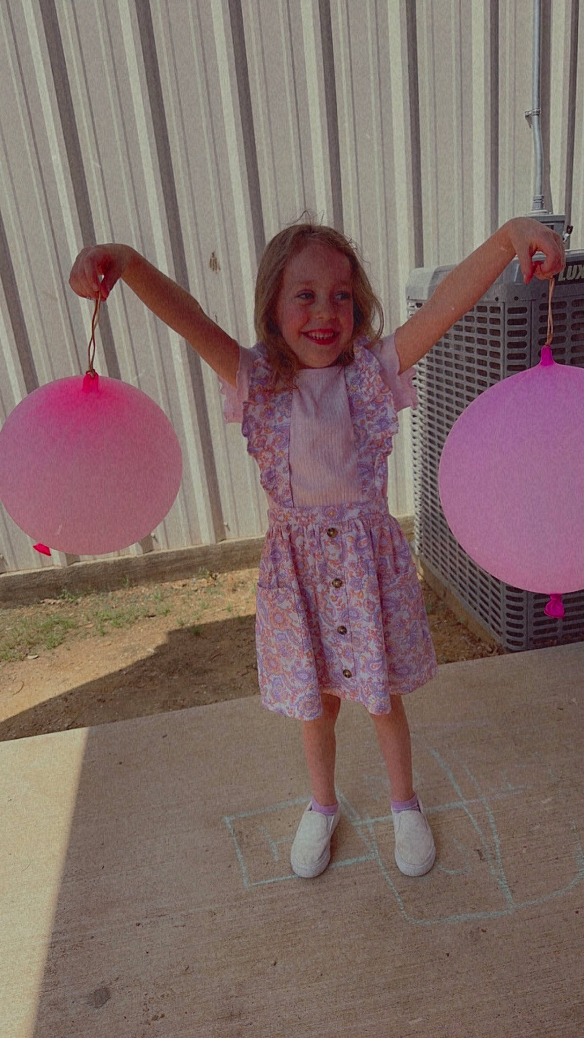 Layla joined the competition — help win amazing prizes! baby_toddler_clothing, balloon, child, circle, fashion_accessory, fun, hairstyle, happy, human_leg, joy, leg, magenta, party_supply, pattern, person, pink, purple, sandal, sleeve, smile