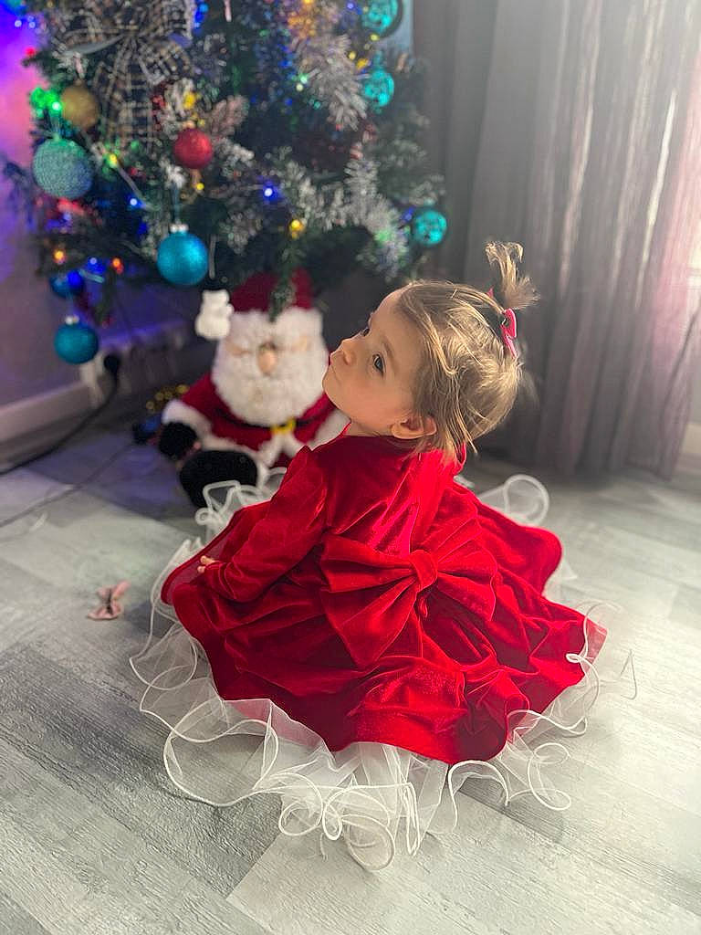 Ariana participe au concours pour gagner de l'argent avec cette photo : christmas_decoration, christmas_ornament, christmas_tree, dress, event, fashion_design, fawn, flooring, formal_wear, fun, happy, magenta, ornament, person, petal, pink, plant, toddler, toy, tradition