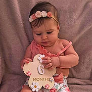 Louna participe au concours pour gagner de l'argent avec cette photo : baby, infant, girl, flower_headband, pink_clothing, holding_sign, 6_months, floral_pattern, soft_blanket, cute, child, portrait, sitting, hands, looking_down, indoor, adorable, young_child, decorative_sign, headband